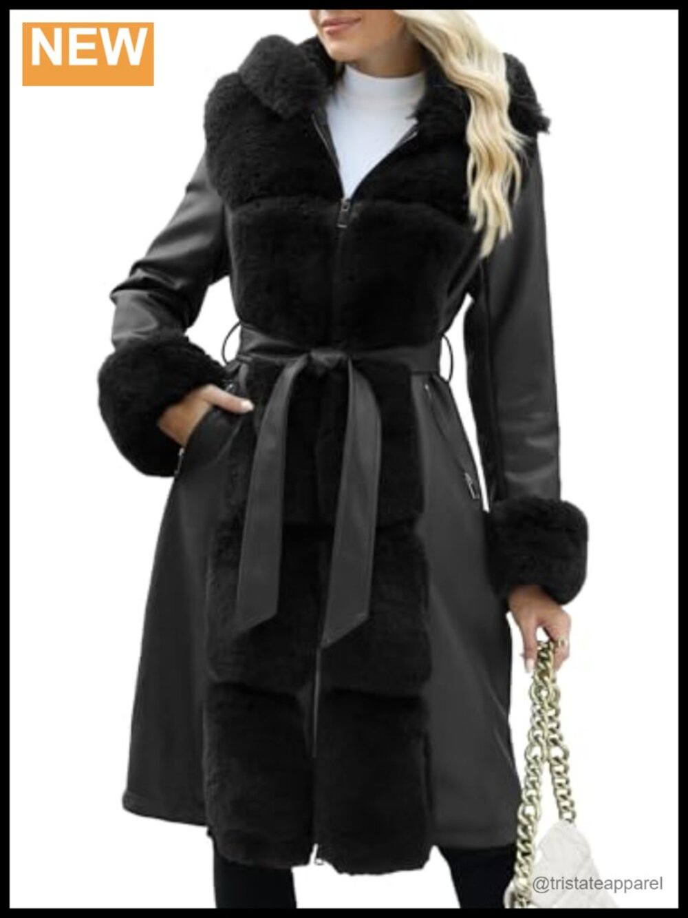 Womens Faux Leather Jacket Furry Trim Parka Coat Sherpa Lined Hooded Long Warm